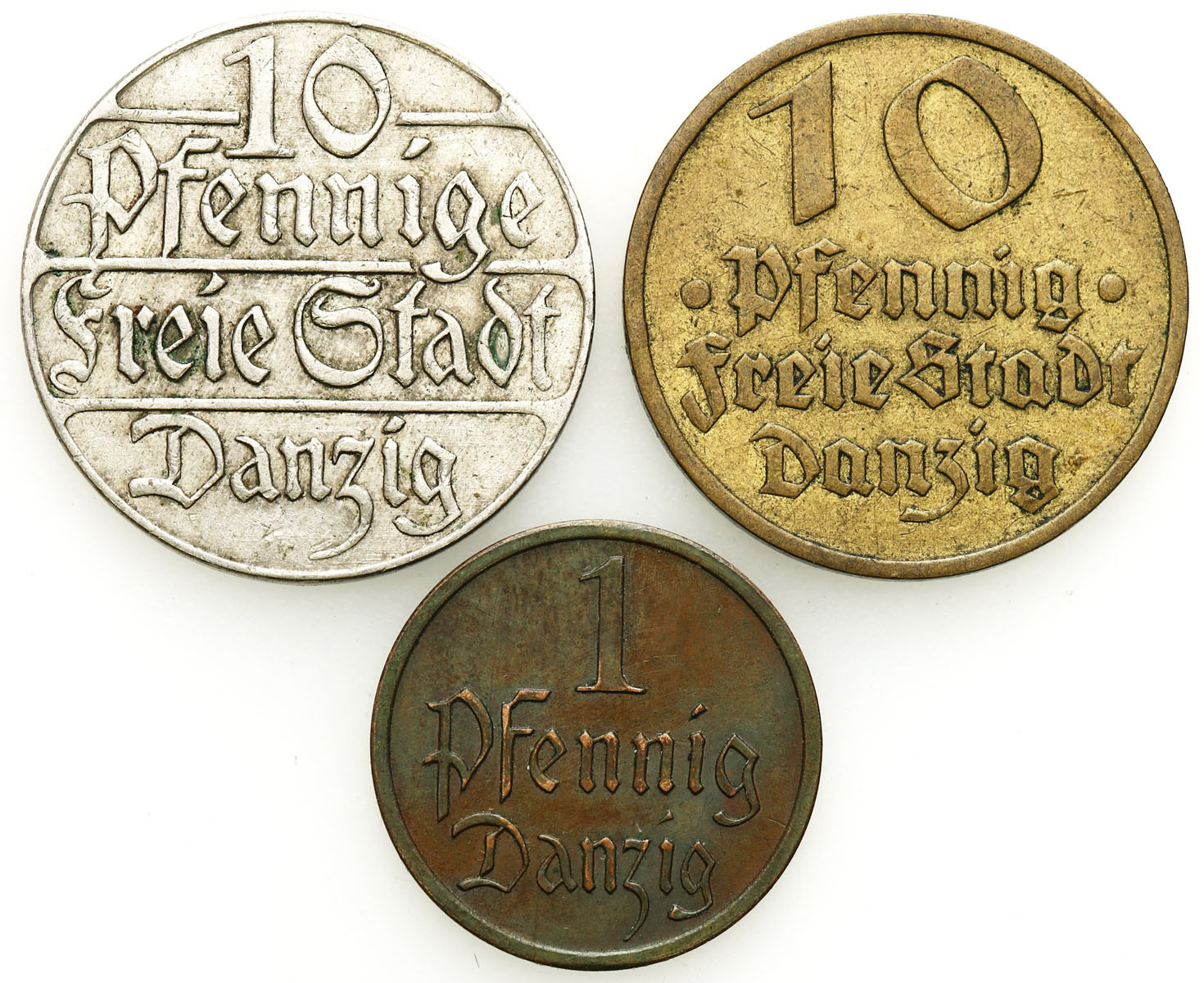 Wolne Miasto Gdańsk/Danzig. 1 fenig 1930, 10 fenigów 1923, 1932, zestaw 3 monet